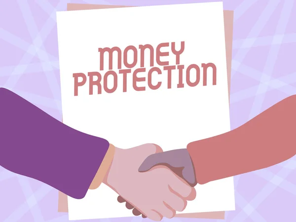 Λεζάντα κειμένου που παρουσιάζει Προστασία Χρήματος. Επιχειρηματική επισκόπηση προστατεύει το ενοίκιο μισθωτή χρήματα πληρώνει στον ιδιοκτήτη Δύο άνδρες σχέδιο με άδειο χαρτί χειραψία Παρουσιάζοντας συμφωνία. — Φωτογραφία Αρχείου