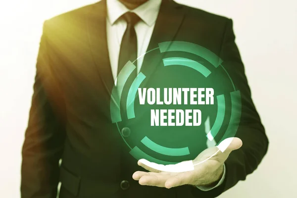 Writing displaying text Volunteer Needed. Business showcase Looking for helper to do task without pay or compensation Presenting New Plans And Ideas Demonstrating Planning Process — Fotografia de Stock