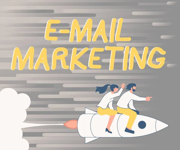 E 메일 마케팅 (E Mail Marketing) 은 다음을 가리킨다. Business idea ECommerce Advertising Online sales Newsleters Promotion Illustration Of Happy Partners Riding On Rocket Ship Exploring World. — 스톡 사진