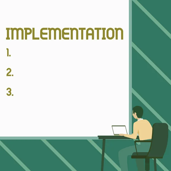 Writing displaying text Implementation. Business concept The process of making something active or effective Man Sitting Armchair Using Laptop Placed On Table With Large Blank Board. — 图库照片