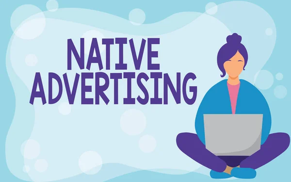 Text caption presenting Native Advertising. Word for Online Paid Ads Match the Form Function of Webpage Young Lady Sitting With Crossed Legs While Using Laptop Showing Relaxation. — Fotografia de Stock