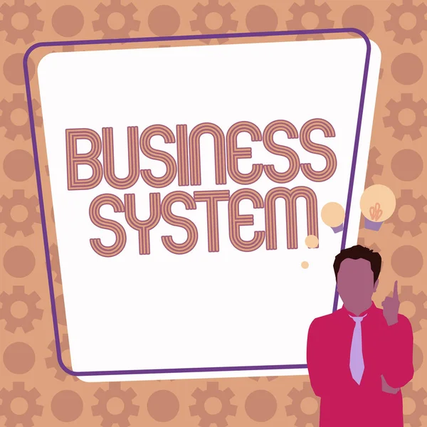 Авторський текст Business System. Бізнес-ідея Метод аналізу інформації організацій Ілюстрація бізнесмена, що стоїть, виходячи з нових дивовижних ідей. — стокове фото