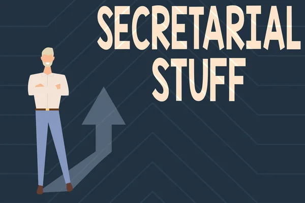 Text caption presenting Secretarial Stuff. Word for Secretary belongings Things owned by personal assistant Gathering Online Documents And Informations, Entering And Recording Data — Stock Photo, Image