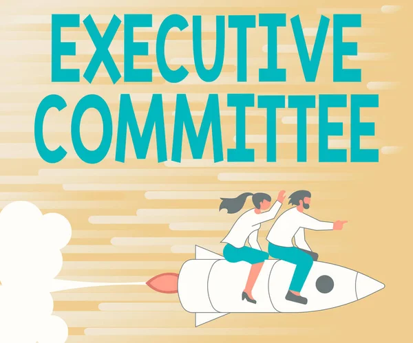 Text sign showing Executive Committee. Word Written on Group of Directors appointed Has Authority in Decisions Illustration Of Happy Partners Riding On Rocket Ship Exploring World. — Foto Stock