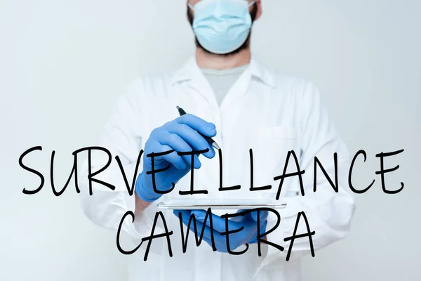 Sign displaying Surveillance Camera. Business overview Closed Circuit Television transmit signal on monitors Scientist Demonstrating New Technology, Doctor Giving Medical Advice — Stockfoto