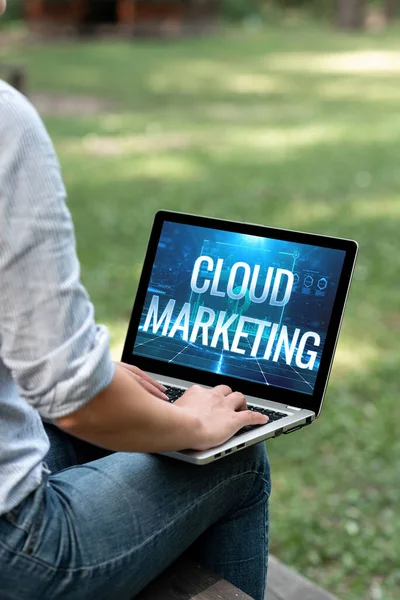 Inspiration showing sign Cloud Marketing. Business idea The process of an organisation to market their services Woman Typing On Laptop Sitting Outside Side View Working From Home. — Stockfoto