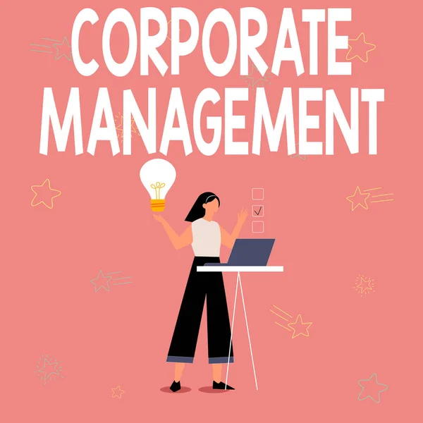 Inspiration showing sign Corporate Management. Business concept all Levels of Managerial Personnel and Excutives Illustration Of Girl Using Laptop Having Ideas And Making Checklist. — Stockfoto