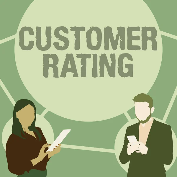 Writing displaying text Customer Rating. Business concept Each point of the customers enhances the experience Illustration Of Partners Busy Using Smartphones Searching Ideas. — Stockfoto