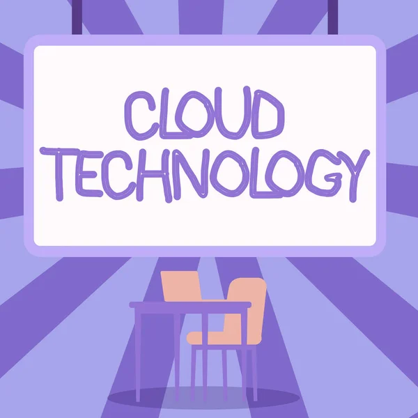 Text showing inspiration Cloud Technology. Internet Concept storing and accessing data and programs over Internet Blank Whiteboard With Laptop Placed On Top Of Table With Chair. — Fotografia de Stock