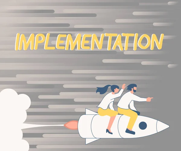 Menulis Implementasi teks yang ditampilkan. Gambaran Bisnis Proses pembuatan sesuatu yang aktif atau efektif Ilustrasi dari Happy Partners Riding On Rocket Ship Exploring World. — Stok Foto