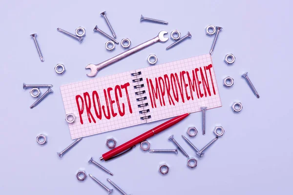 Sign displaying Project Improvement. Business concept Methods Techniques to accomplish a defined Objective Maintenance Tools And Equipments Mechanic And Engineer Repairs — Foto Stock