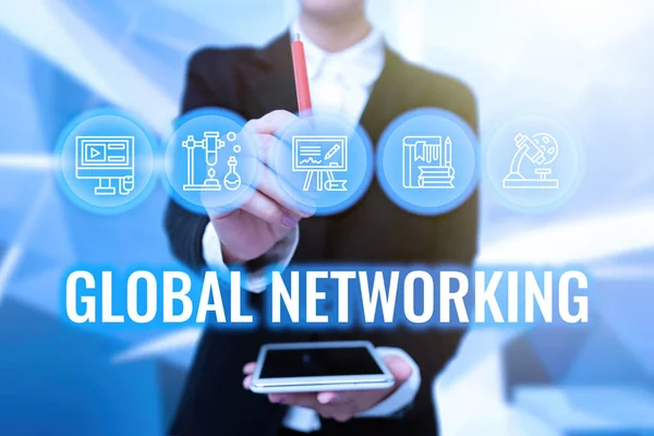 Hand writing sign Global Networking. Business concept Communication network which spans the entire Earth WAN Lady In Uniform Holding Tablet In Hand Virtually Typing Futuristic Tech. — Fotografia de Stock
