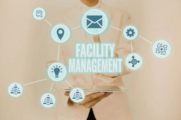 Inspiration showing sign Facility Management. Business overview Multiple Function Discipline Environmental Maintenance Lady Holding Tablet Pressing On Virtual Button Showing Futuristic Tech. — Stockfoto