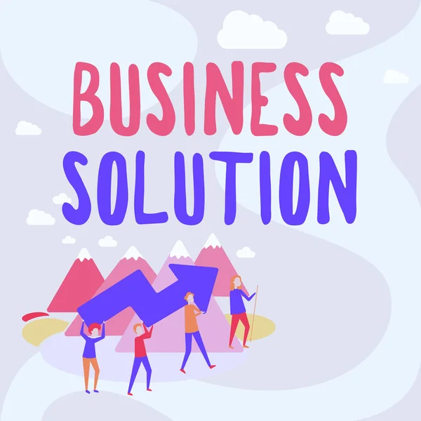 비즈니스 솔루션 (Business Solution) 은 비즈니스 솔루션을 뜻 한다. 전략적 인 계획 과 평가를 포함하는 비즈니스 접근 서비스 4 개의 회사 삽화를 대형 화살을 든 산을 오르기. — 스톡 사진