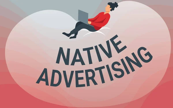 Sign displaying Native Advertising. Business showcase Online Paid Ads Match the Form Function of Webpage Lady Drawing Sitting Back On A Large Bean Bag Using Laptop. — Fotografia de Stock