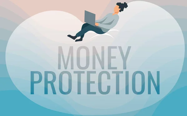 Εγγραφή εμφάνισης κειμένου Προστασία χρημάτων. Internet Concept προστατεύει το ενοίκιο χρήματα μισθωτή πληρώνει στον ιδιοκτήτη Lady Σχέδιο κάθεται πίσω σε μια μεγάλη τσάντα φασολιών Χρησιμοποιώντας Laptop. — Φωτογραφία Αρχείου