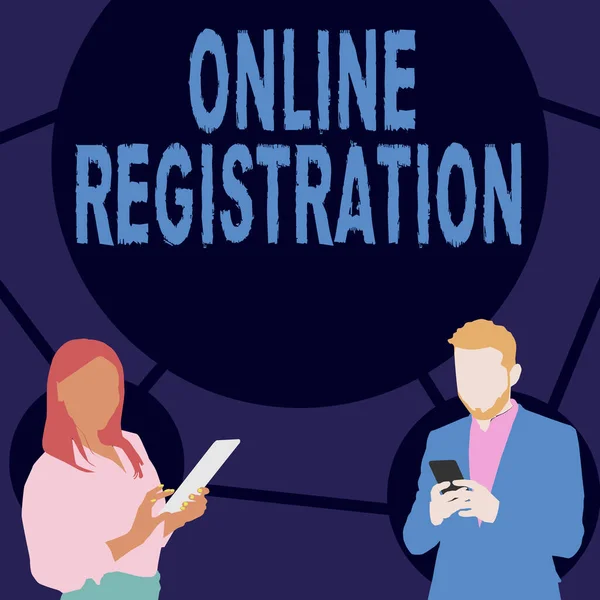 Text sign showing Online Registration. Word for Process to Subscribe to Join an event club via Internet Illustration Of Partners Busy Using Smartphones Searching Ideas. — Foto Stock