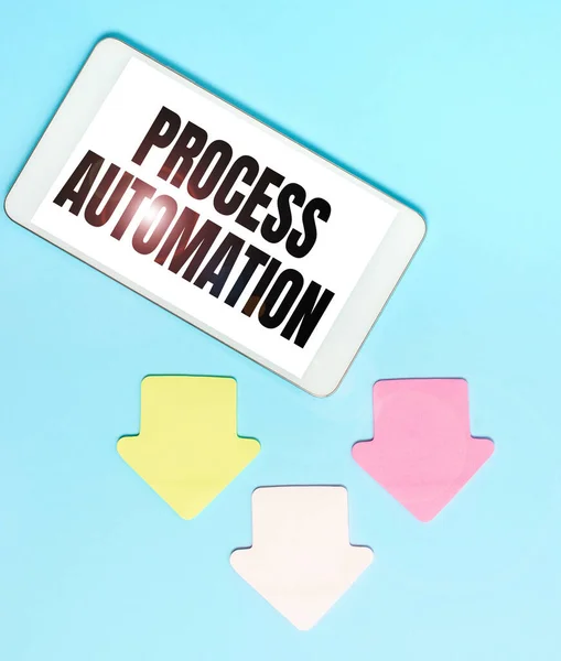 Text sign showing Process Automation. Conceptual photo Transformation Streamlined Robotic To avoid Redundancy Display of Different Color Sticker Notes Arranged On flatlay Lay Background — Stockfoto
