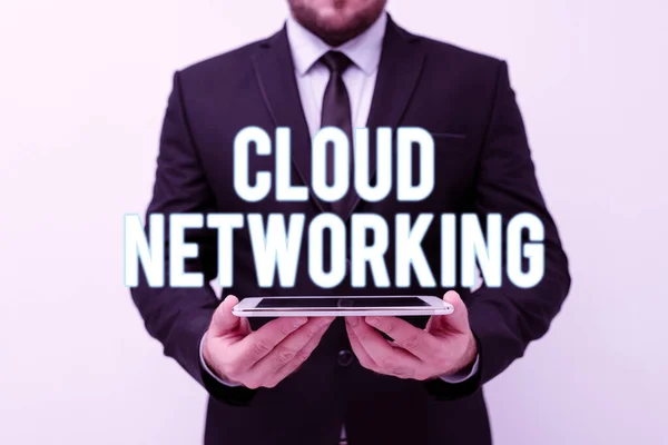 Podpis koncepcyjny "Cloud Networking". Pomysł na biznes to termin opisujący dostęp do zasobów sieciowych Prezentacja pomysłów na nowe technologie Dyskusja na temat ulepszeń technologicznych — Zdjęcie stockowe