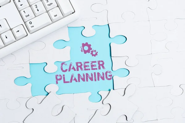 Text showing inspiration Career Planning. Word for A list of goals and the actions you can take to achieve them Building An Unfinished White Jigsaw Pattern Puzzle With Missing Last Piece — Stock Photo, Image