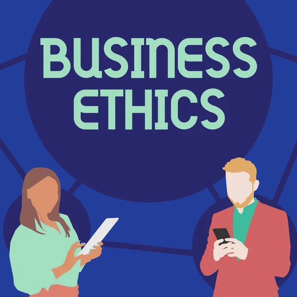 사업 윤리를 보여 주는 서명. 기업 이 스마트 폰을 사용하여 아이디어를 검색하는 방법을 가이드하는 비즈니스 개념 도덕 원칙. — 스톡 사진