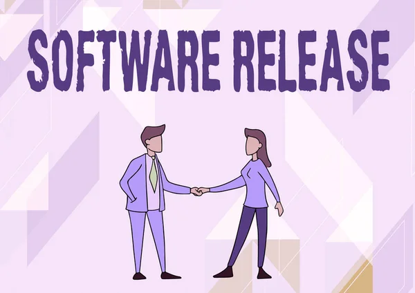 Writing displaying text Software Release. Business approach sum of stages of development and maturity for program Man And Woman Standing Facing Towards Each Other Holding Hands. — Fotografia de Stock