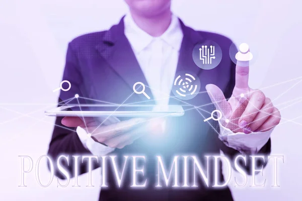 Text showing inspiration Positive Mindset. Word Written on mental and emotional attitude that focuses on bright side Woman In Suit Holding Tablet Pointing Finger On Futuristic Virtual Button. — Foto Stock