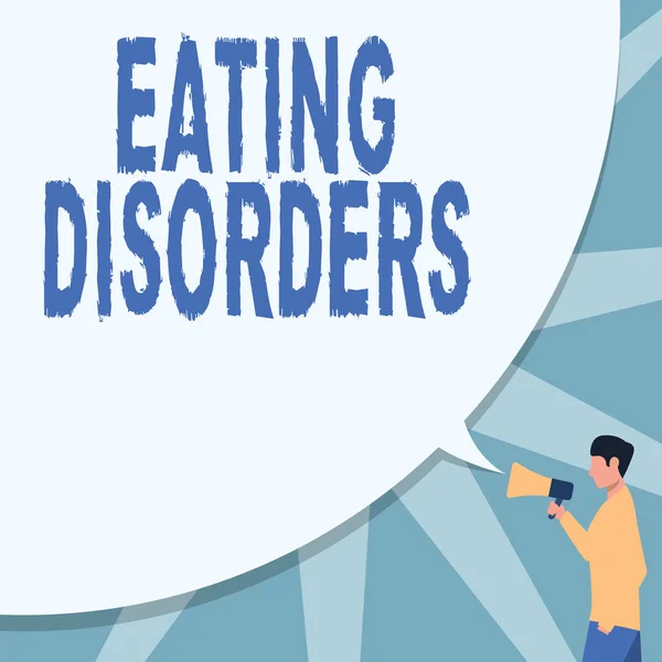 Text showing inspiration Eating Disorders. Conceptual photo any of a range of psychological abnormal food habits Man Drawing Hand In Pocket Holding Megaphone With Large Speech Bubble. — 图库照片