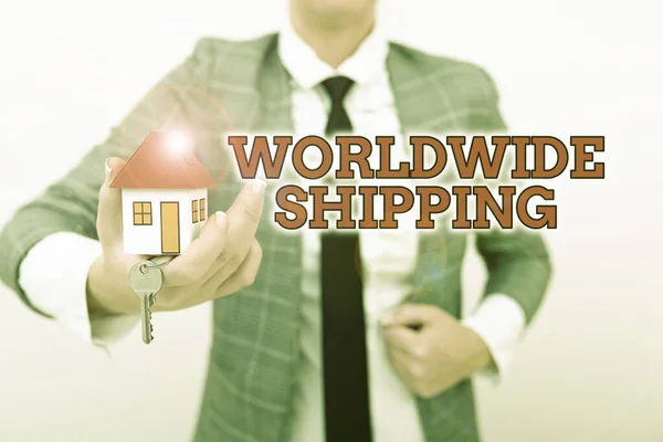 Handschrift tekst Wereldwijde verzending. Bedrijfsoverzicht Levering van goederen over zee International Shipment Allocating Savings To Buy New Property, Saving Money To Build House — Stockfoto