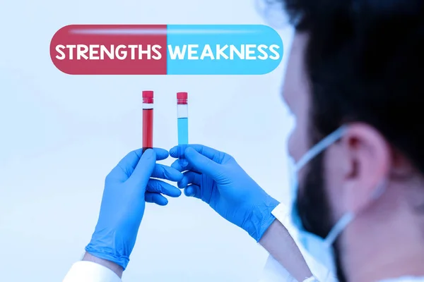 Hand writing sign Strengths Weakness. Word Written on Opportunity and Threat Analysis Positive and Negative Research Scientist Presenting New Medicine, Researching Preventive Measure