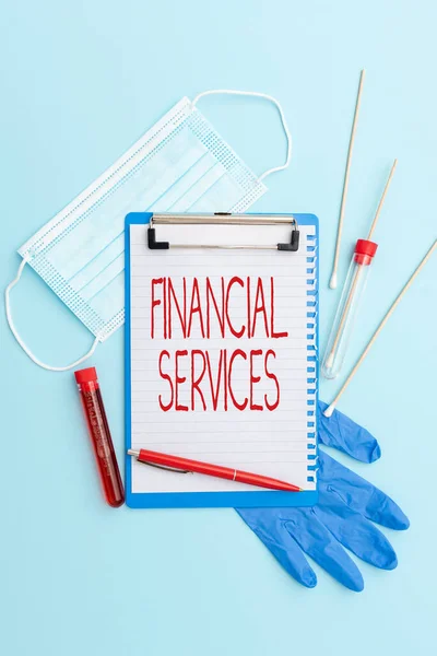Conceptual caption Financial Services. Business approach Money and Investment Leasing Lending Stocks Brokerages Writing Important Medical Notes Laboratory Testing Of New Virus Medicine — Foto Stock