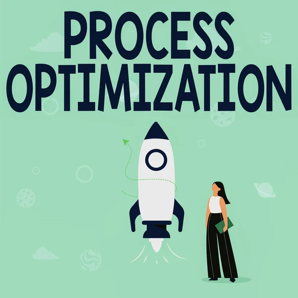 Sign displaying Process Optimization. Concept meaning Improve Organizations Efficiency Maximize Throughput Illustration Of Casual Girl Standing Beside Rocket Ship Ready To Launch — Fotografia de Stock