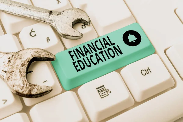 Handwriting text Financial Education. Internet Concept Understanding Monetary areas like Finance and Investing Writing Comments On A Social Media Post, Typing Interesting New Article — Fotografia de Stock