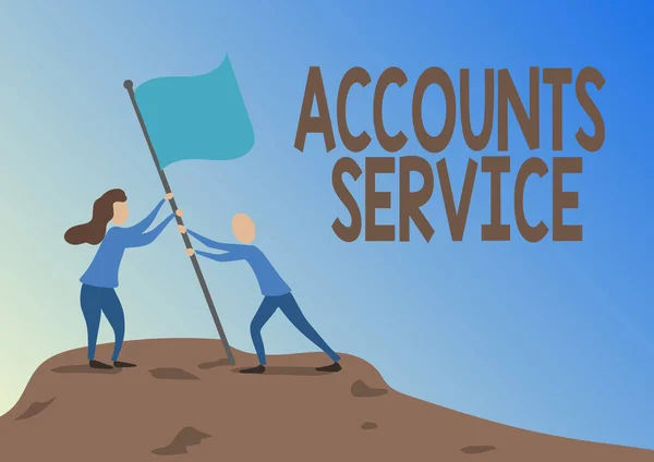 Hand writing sign Accounts Service. Business overview accessing list of user profiles and information linked Man And Woman Drawing Standing Setting Up Flag On Peak Of Mountain. — Fotografia de Stock