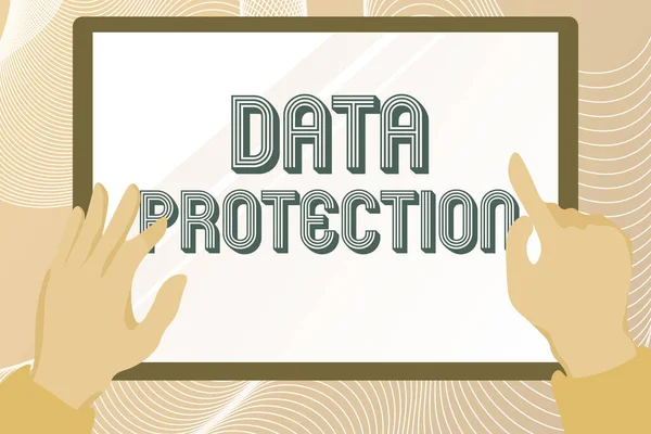 Writing displaying text Data Protection. Word for Protect IP addresses and personal data from harmful software Hands Illustration Holding Drawing On Tablet Scree Showing Information.
