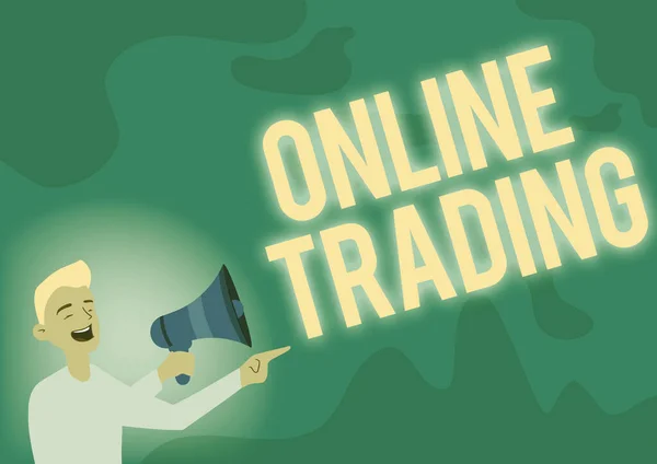 Εγγραφή εμφάνισης κειμένου Online Trading. Επισκόπηση επιχειρήσεων Αγορά και πώληση περιουσιακών στοιχείων μέσω μιας διαδικτυακής πλατφόρμας διαμεσολάβησης Man Drawing Pointing Away Holding Megaphone Making New Announcement. — Φωτογραφία Αρχείου