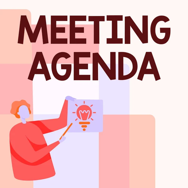 Hand writing sign Meeting Agenda. Business concept An agenda sets clear expectations for what needs to a meeting Man Standing Holding Paper With Glowing Light Bulb While Pointing Stick. — Fotografia de Stock
