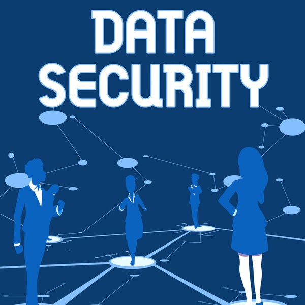 Conceptual display Data Security. Internet Concept Confidentiality Disk Encryption Backups Password Shielding Several Team Members Standing Separate Thinking Connected Lines On Floor.