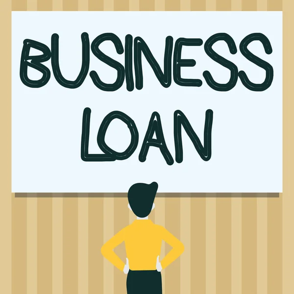 Writing displaying text Business Loan. Internet Concept Credit Mortgage Financial Assistance Cash Advances Debt Man Drawing Standing Hands N Hips Looking At An Empty Whiteboard. — Stock Photo, Image