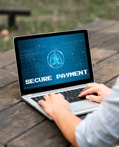 Writing displaying text Secure Payment. Business idea Security of Payment refers to ensure of paid even in dispute Laptop Placed Resting On Table Working In The Park Doing Remote Jobs.