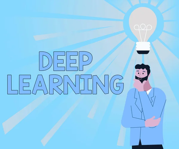 テキストの表示｜Deep Learning。ビジネスショーケース階層的な抽象人工知能アルゴリズム新しい素晴らしいアイデアを思いつく男のイラスト. — ストック写真