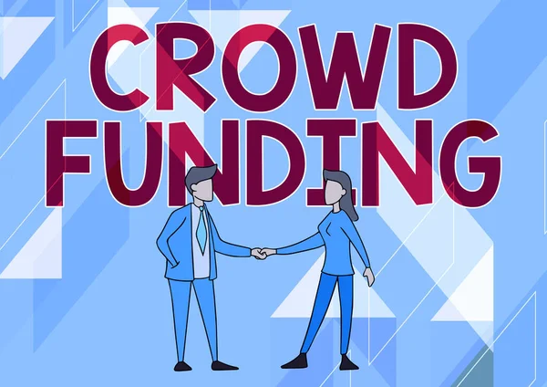 Konceptuell bildtext Crowd Funding. Konceptfoto Insamling Kickstarter Startup Pledge Platform Donationer Man och kvinna stående vänd mot varandra Holding Hands. — Stockfoto