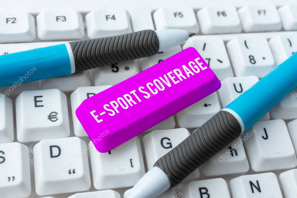 Hand writing sign E Sports Coverage. Concept meaning Reporting live on latest sports competition Broadcasting Creating Online Chat Platform Program, Typing Science Fiction Novel
