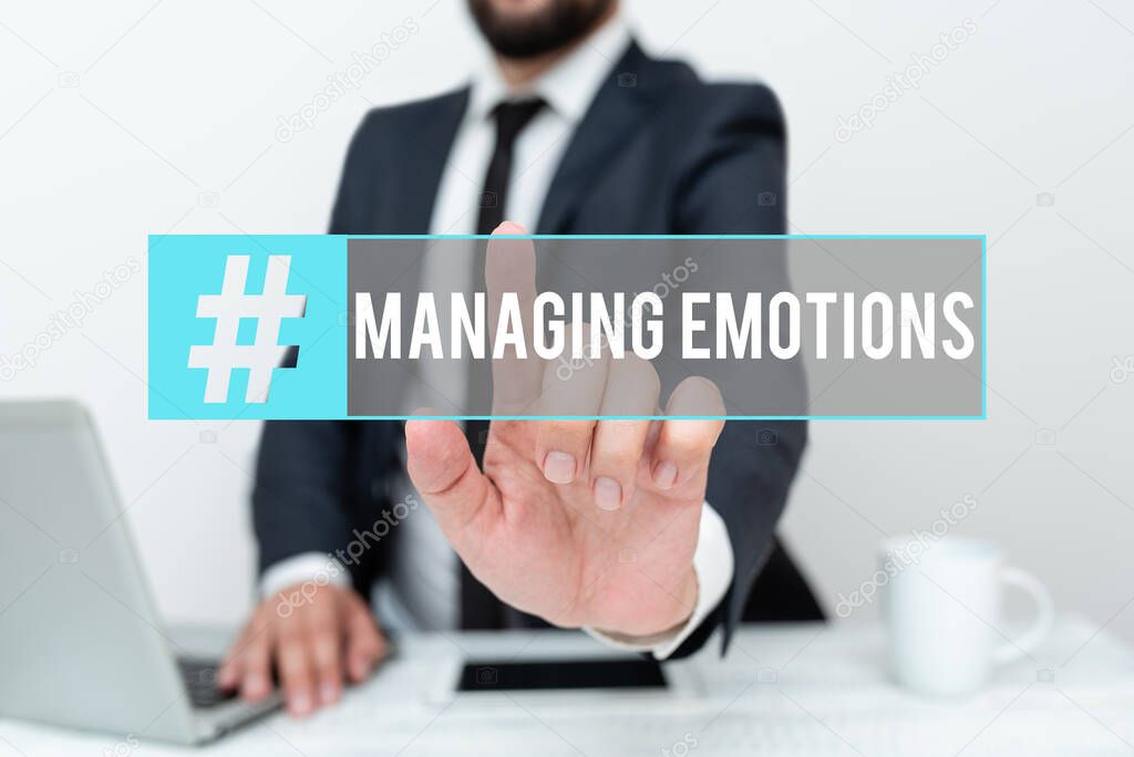 Writing displaying text Managing Emotions. Business idea Controlling feelings in oneself Maintain composure Remote Office Work Online Smartphone Voice And Video Calling