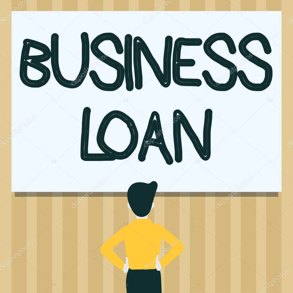 Writing displaying text Business Loan. Internet Concept Credit Mortgage Financial Assistance Cash Advances Debt Man Drawing Standing Hands N Hips Looking At An Empty Whiteboard.