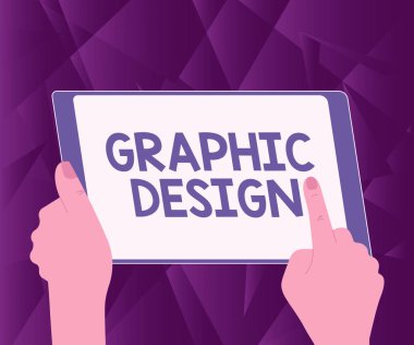 Grafik Tasarım işaretini gösteren ilham. Yeni İnanılmaz Fikirler Ararken Bir Elin Tablet Kullanışının İllüstrasyonunda metin ve resimleri birleştirme becerisi üzerine yazılmış sözcük.