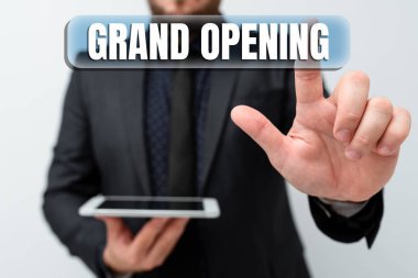 El yazısı metni Büyük Açılış. İş Fikri Kurdelesi Yeni İşletme İlk Resmi Gününde Yeni Teknoloji Fikirlerini Sunuyor Teknolojik Gelişmeyi Tartışma