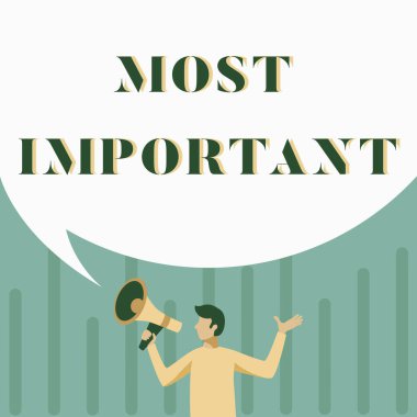 Metin başlığı En Önemli Sunar. İş fikri Büyük ya da en yüksek derece ya da Büyük Konuşma Baloncuğu Gösteren Mesajlı Önemli Adam Tutma Megafonu gibi.