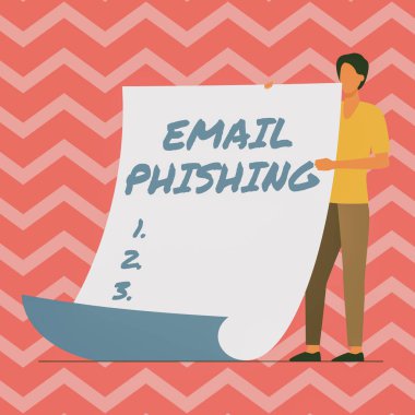 Email Phishing 'i gösteren metin işareti. Yeni Anlamı ve Mesajı Gösteren Büyük Boş Kağıt Tutan Kötü Yazılım Adam 'ı dağıtan web sitelerine bağlanabilecek iş dünyası e- postaları.