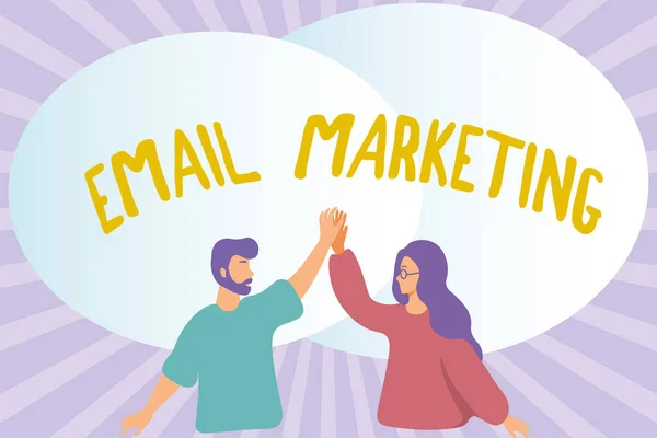Conceptual display Email Marketing. Business idea Sending a commercial message to a group of showing using mail Happy Colleagues Illustration Giving High Fives To Each Other. — 图库照片